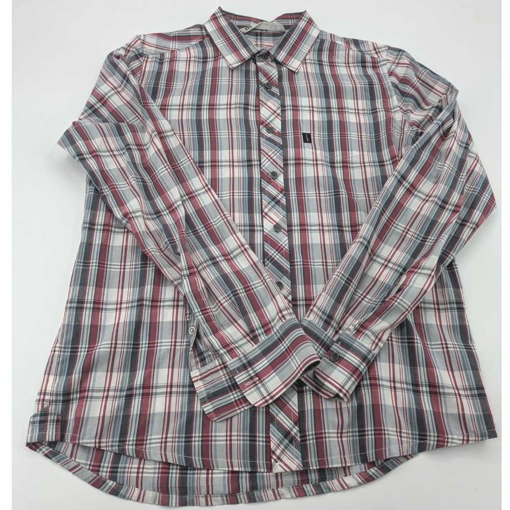 TravisMathew Men‎ Medium Plaid Button Up Shirt Long Sleeve Red White Gray Casual